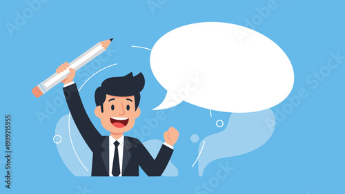 Enthusiastic businessman holding a giant pencil next to a large empty speech bubble to encourage creative writing and brainstorming ideas.