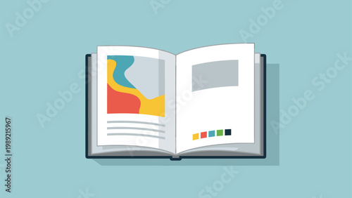 Open book with vibrant colorful abstract illustrations on its pages lying on a light blue background to inspire creative thinking.