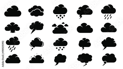 Set of diverse black weather cloud icons showing different conditions like rain, snow, lightning, and overcast for meteorological reports.