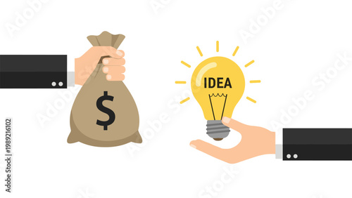Conceptual illustration of two hands reaching out to exchange a large brown money bag for a glowing yellow lightbulb idea.