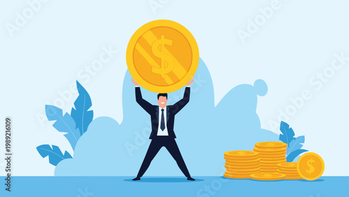 Strong businessman lifting a massive gold dollar coin above his head to represent massive wealth, profit, and financial achievement.