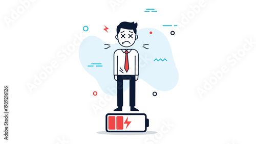 Tired businessman standing on a nearly empty red battery represents professional burnout and lack of energy or motivation.