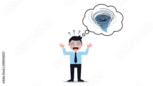 Confused businessman with spiral eyes and question marks thinking about a tornado representing chaos, stress, and mental overwhelm.