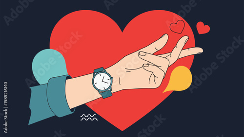 Hand with a wristwatch positioned over a large red heart on a dark background to show love for time or healthcare management.