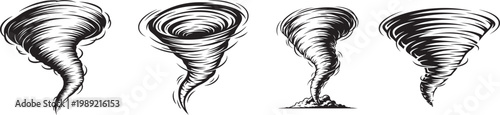 Tornado and Cyclone Icons Set, Hand Drawn Hurricane Twister Illustrations in Black and White.