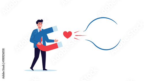 Businessman using a large red and blue horseshoe magnet to attract a heart symbolizing customer loyalty and emotional branding.