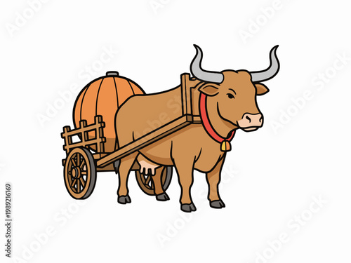 Cow pulling wooden cart with giant pumpkin illustration