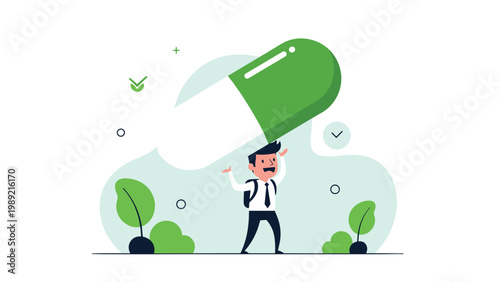 Small businessman struggling to carry a massive green and white medicinal pill to represent the burden of health or medical costs.