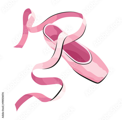 Ballet accessorie. Pink pair of pointe-shoes with satin or silk ribbon. Vector hand drawn sketch style object