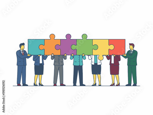 Business Team Holding Colorful Jigsaw Puzzle Pieces Together