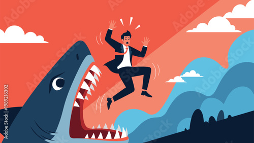 Terrified businessman jumping away from a giant shark with an open mouth to illustrate high risk, competition, and danger in business.