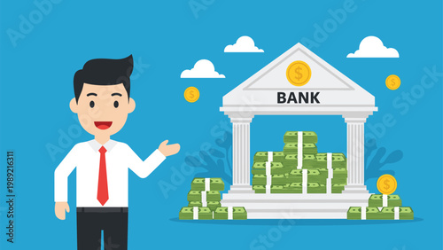Friendly businessman character pointing at a bank building filled with stacks of money showing savings and financial security.