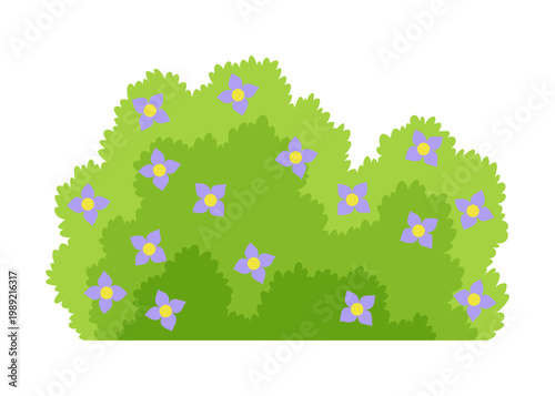 Bush with flowers icon. Cartoon forest and park shrubbery with floral elements. Landscape scene create element. Vector cartoon illustration