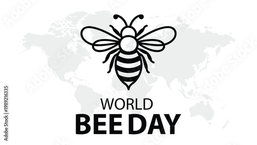 World Bee Day illustration with black bee icon and world map background minimal design for environmental awareness and global pollination concept