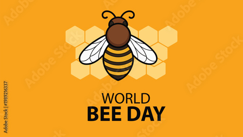 World Bee Day illustration with detailed bee insect and honeycomb pattern on orange background for environmental awareness and pollination concept