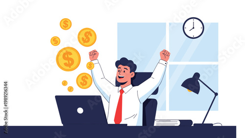 Excited businessman celebrating success at his desk with a laptop as gold dollar coins float in the air around him at the office.