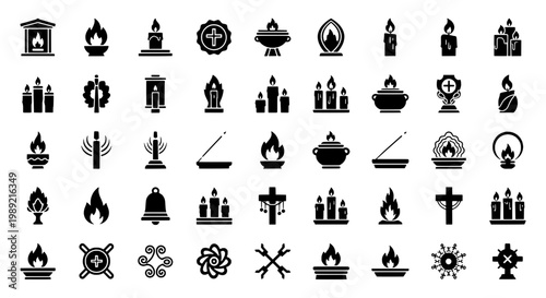 Flame candle icons set with various church and occult symbols, black silhouette style for religious and mystical design