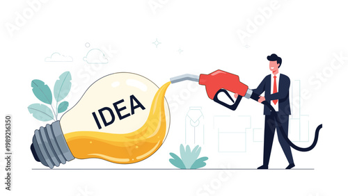 Businessman refueling a large lightbulb labeled IDEA with a gas pump nozzle, symbolizing creative energy and fuel for innovation.