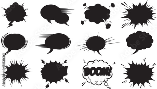 Comic speech bubbles, black explosion effects, boom text, vector illustration set isolated on Transparent Background