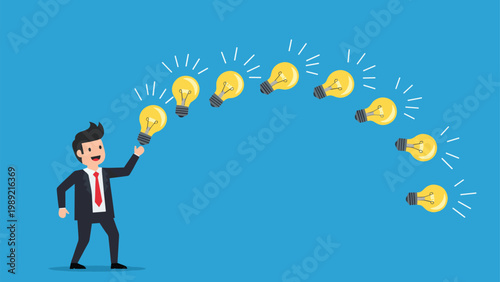 Happy businessman character juggling or tossing multiple glowing lightbulbs in an arc representing a stream of creative ideas.