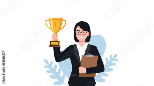 Professional businesswoman in a suit holding a gold trophy and a clipboard, celebrating her achievements and success in the corporate world.