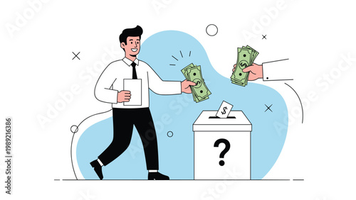 Businessman putting money into a donation or ballot box with a question mark, representing investment uncertainty and financial risk.