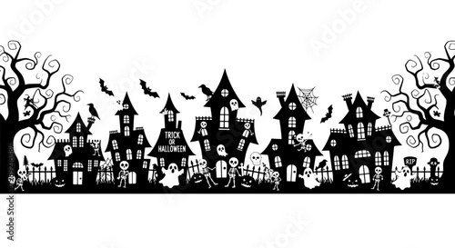 Halloween haunted houses skyline with spooky trees, gravestones, bats, and ghosts silhouette, vector-style border scene