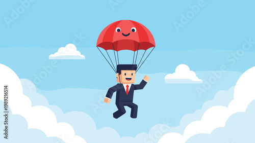 Businessman character safely landing with a red parachute that has a smiling face on it representing a business safety net.