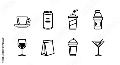 Drinks icon set with various beverage containers and glasses featuring coffee, tea, soda with juice and wine elements for cocktail, cup projects,