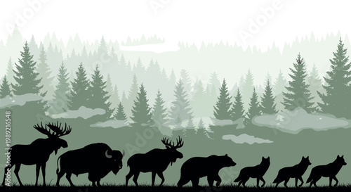 Vector silhouette landscape of wild forest animals featuring bear moose bison and wolves against a misty pine tree background.