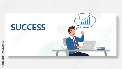 Professional man at a desk dreaming of a rising bar chart while working on his laptop representing business success and ambition.