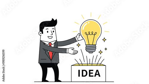 Happy businessman lifting a giant glowing lightbulb out of a box labeled idea representing a breakthrough or new invention.