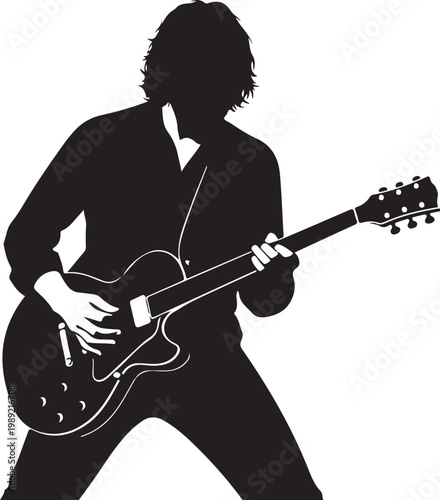 Black silhouette of a rock musician, electric guitar player, music icon, guitar illustration