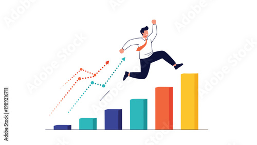 Businessman jumping over a bar chart represents achieving high growth and overcoming financial obstacles in a competitive business environment.