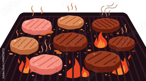 Burger Patties Grilling on Barbecue with Raw and Cooked Meat Flat Vector Illustration