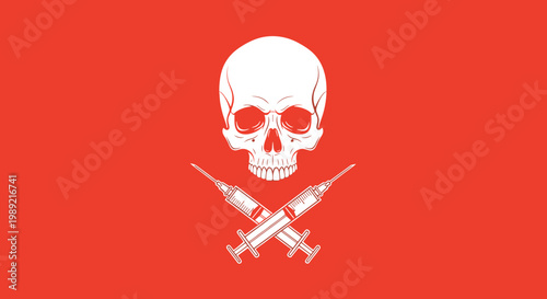 Stark graphic of a white human skull over two crossed medical syringes on a bright red background to warn about drugs.