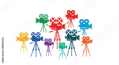 Dynamic arrangement of numerous vintage movie camera icons in a variety of vibrant colors on a plain white background.