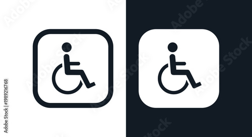Black and white versions of the international symbol of access depicting a person in a wheelchair within rounded squares.