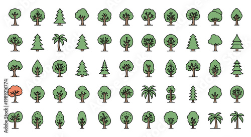 Extensive grid of various stylized tree icons in green and one orange representing the change of seasons or a unique species.