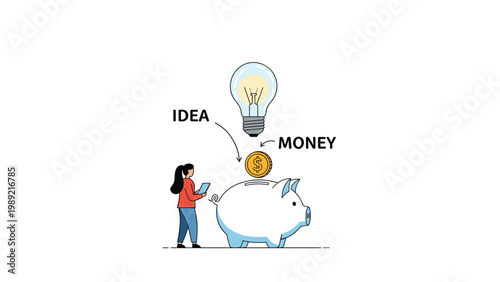 Woman putting a dollar coin into a piggy bank while light bulb and idea text symbolize the process of turning creative thoughts into profit.