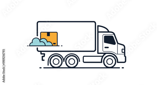 Delivery truck carrying a large brown cardboard box moving quickly through clouds representing fast shipping and logistics services.