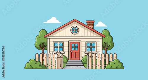 Charming cartoon house with a red door white siding picket fence green bushes and small trees under a clear blue sky with clouds.