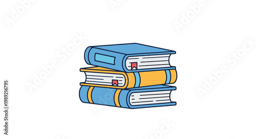 Stack of three hardcover books with colorful blue and yellow covers and bookmarks for education and reading concept illustration.