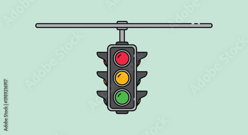 Hanging traffic light showing red yellow and green lights simultaneously on flat light green background symbolizes decision making.