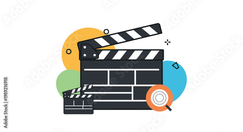 Movie clapperboard icon with colorful circles in the background for cinema film production and video editing creative concept designs.