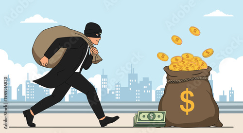 Thief wearing mask runs away with bag of money leaving behind another large sack of gold coins and banknotes in city street setting.