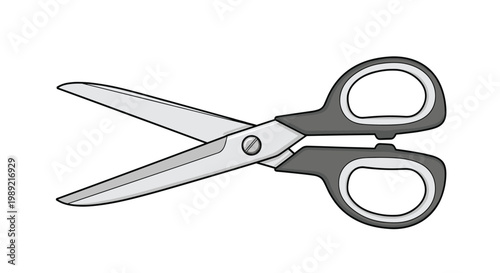 Pair of grey scissors with black plastic handles slightly open on white background is used for cutting paper craft and office tasks.