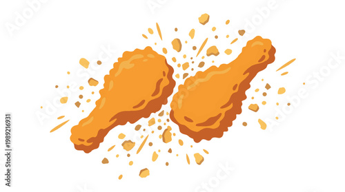 Crispy Fried Chicken Pieces Colliding with Crunchy Crumbs Explosion Flat Vector Illustration