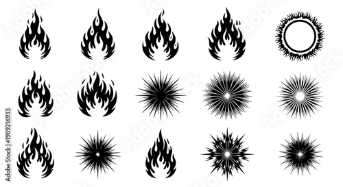 Fire flame icons set with sunburst sparkle effects and burst textures for energy, ignition, and heat themed graphics