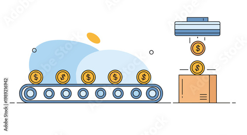 Automated conveyor belt system moving gold coins into a cardboard box representing mass production or wealth generation processes.